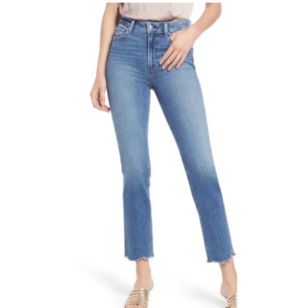 PAIGE Cindy High Rise Straight Leg Distressed Jeans Light Blue Raw Hem. Stretch.
